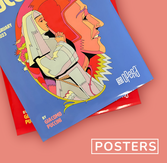 Colorful printed posters stacked on a tabletop
